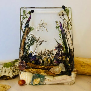 Real flower and resin woodland scene with Dragonfly, resin art wall art, pressed flowers in resin, dried flower resin art, resin flower gift