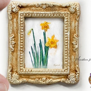 Miniature framed picture of Daffodils, 1:12 scale framed art, dollhouse frame with print of original oil painting of flowers.