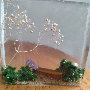 nature paperweight, handmade, resin, art, flower, rock, cube, decor, gift, nature lover, mushroom, moss