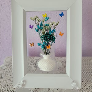 Petite Spring Bouquet, resin wall art with flowers, spring flowers in a vase, hobnail vase with flowers, teal dried flowers, butterflies