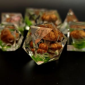Handmade DnD Resin 7 Dice Set, Forest Mushroom Moss dice set, Sharp Edge DnD Druid Dice -Gift for Players