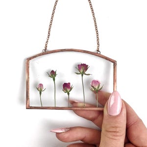 Miniature pressed flower art - tiny gift for her; pressed roses in copper frame; stained glass art; mini floral frame