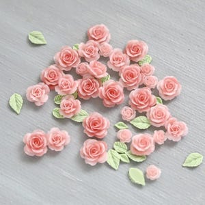 50 PCS Tiny Rose Flower and Leaf Resin Cabochons. mixed powder pink flower and leaf flatback cabochons. nail art decos jewelry craft supply
