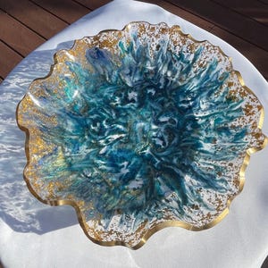 Large Elegant Geode Resin Bowl in Swirls of Blue, Teal and Metallic Gold Accented with Gold Leaf Flakes Edged in a Gold Leafing